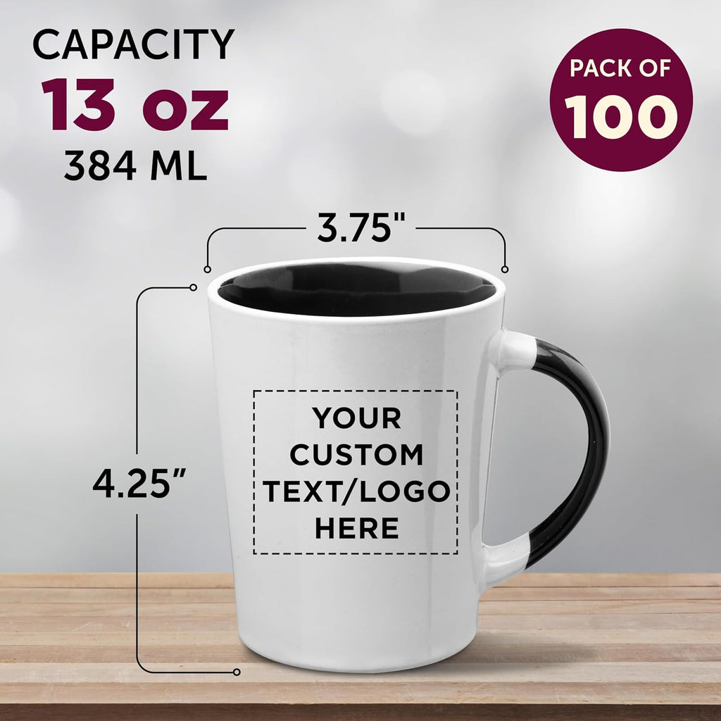 Custom Ceramic Latte Coffee Mugs by Albany 13 oz. Set of 100, Personalized Bulk Pack - Perfect for Coffee, Tea, Espresso, Hot Cocoa, Other Beverages - Black