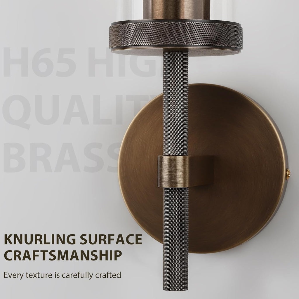 15' Knurled Brass Wall Sconce with Clear Glass Tube, Bronze Bathroom Vanity Light Fixtures, Modern Lamp Lighting for Bedroom, Living Room, Hallway, Staircase, Mirror, Kitchen