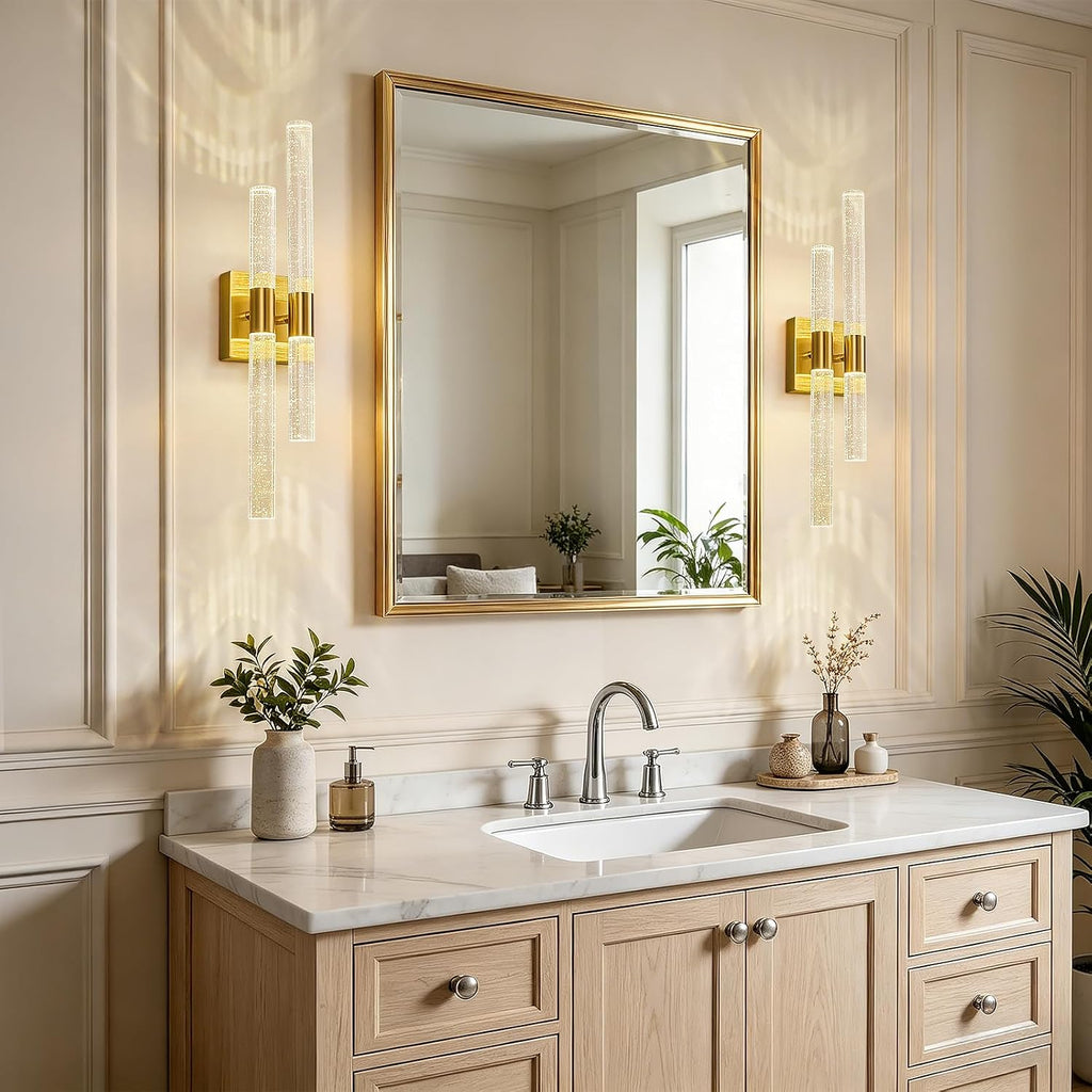 Crystal Wall Sconces Set of Two LED Bathroom Vanity Light Fixtures Gold 21.25in 4000K Vertical and Horizontal Wall Mounted Sconces for Bedroom, Living Room, Hallway