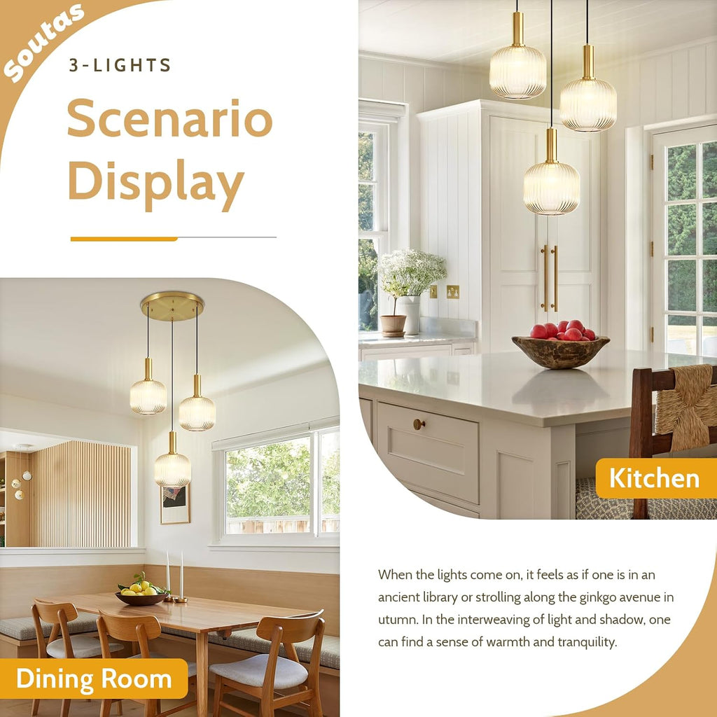3-Light Gold Cluster Light Fixtures Modern Amber Glass Ceiling Chandelier Lights Brushed Brass Kitchen Island Pendant Light for Corridor Dining Room Entryway Stair