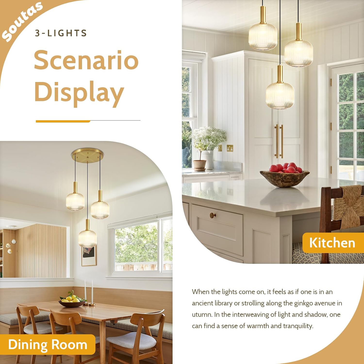 3-Light Gold Cluster Light Fixtures Modern Amber Glass Ceiling Chandelier Lights Brushed Brass Kitchen Island Pendant Light for Corridor Dining Room Entryway Stair