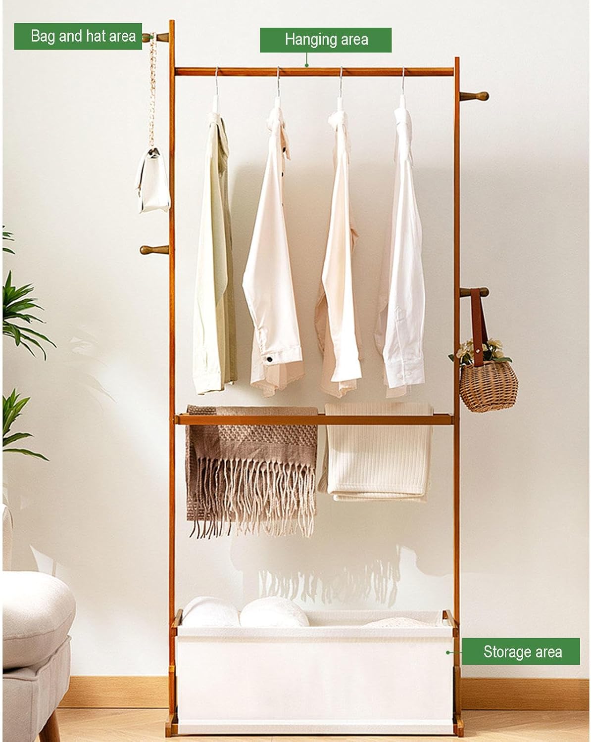 Bamboo Garment Rack Freestanding Clothes Hanging Shelf Bedroom Clothing Organiser Rack with Top Hanging Rod and Bottom Storage Shelves for Living Room Hallway Entryway,Brown-70 * 34 * 167cm