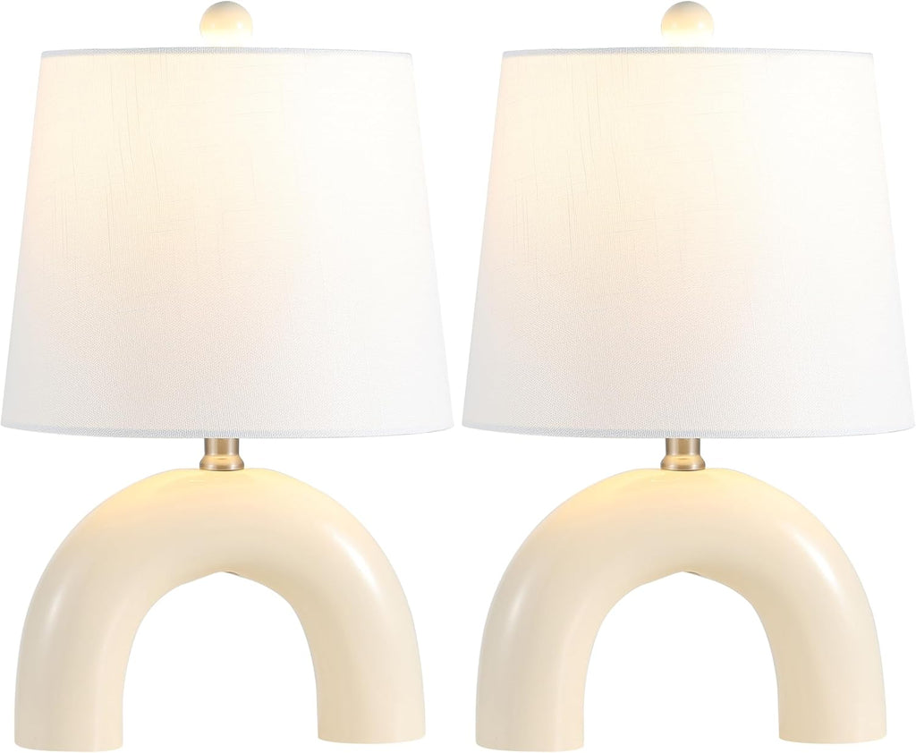 JONATHAN Y 17.75' Almond Modern Ceramic Arch Table Lamp Set of 2 for Bedroom, Scandinavian Minimalist Bedside Lamps with White Linen Shade, LED Bulbs Included JYL5503A-SET2