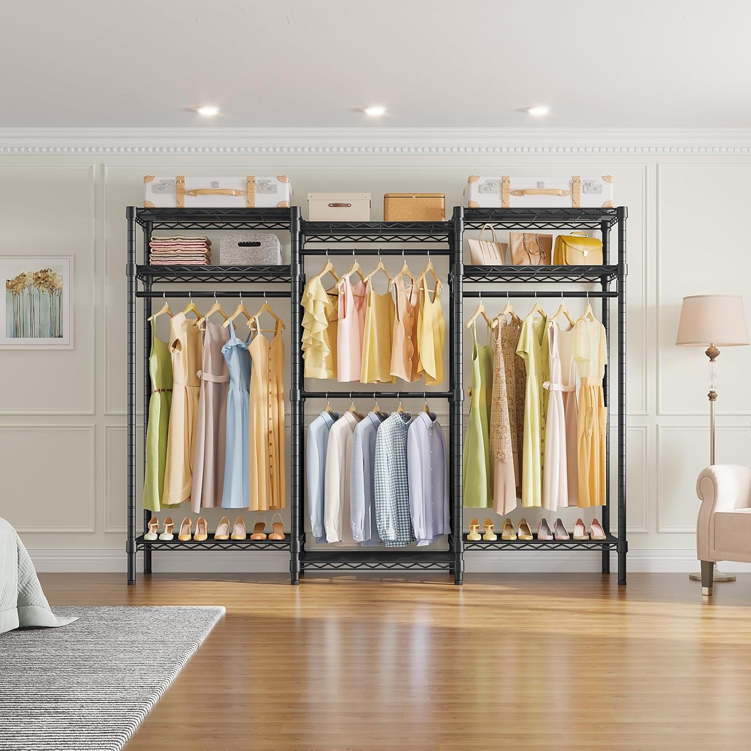 VIPEK V5i Garment Rack Heavy Duty Clothes Rack for Hanging Clothes, Portable Wardrobe Closet Freestanding Clothing Rack with 8 Adjustable Shelves & 4 Hang Rods, 68.9' L x 15.7' W x 76.4' H, Black