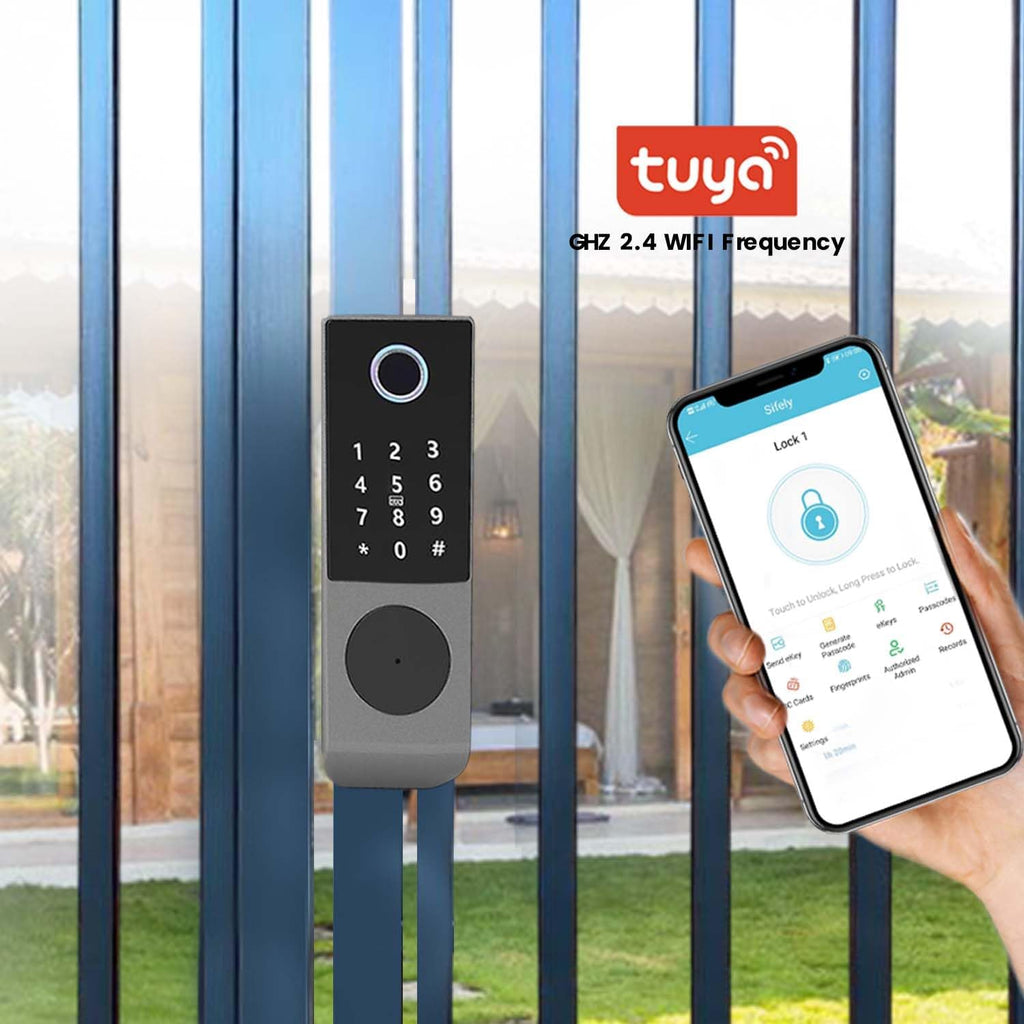 smart latch double gate lock, electronic gate latch for outdoor fence, waterproof keyless smart rim lock, electric double sided keypad locks, Fingerprint, Passcode, Key, IC Card, Tuya App