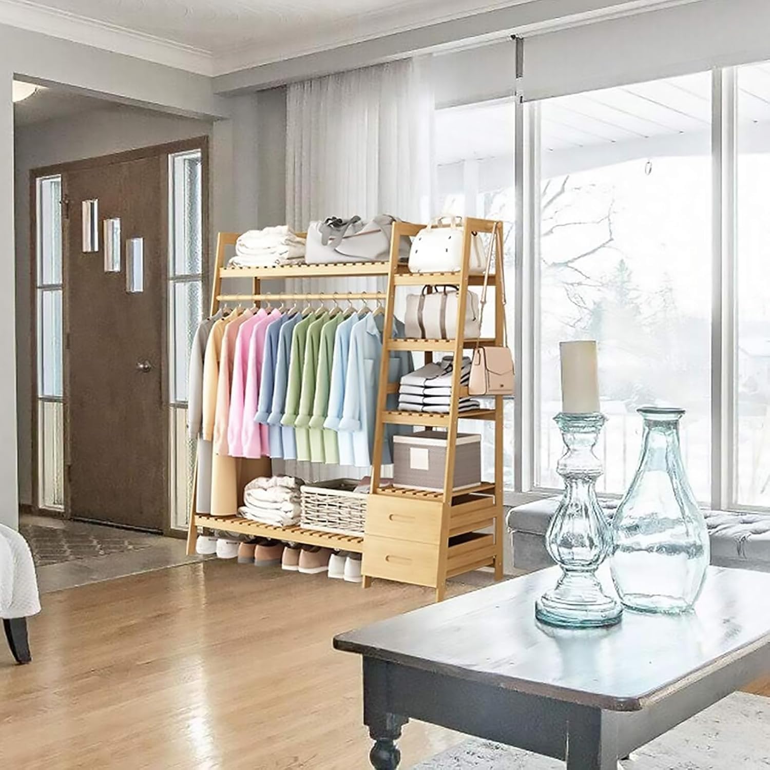 Bamboo Clothes Rack - Garment Coat Rack with 2 Drawers, Free Standing Closet Organizer for Bedroom, Living Room, Hall, Storage Shelf for Hanging Clothes, Jackets