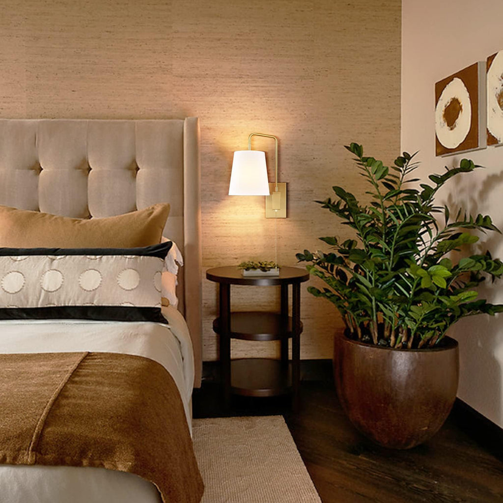 Wall Sconces Set of Two, Gold Fabric Shade Wall Sconce Bedroom Plug-in Wall Lamp Set of 2