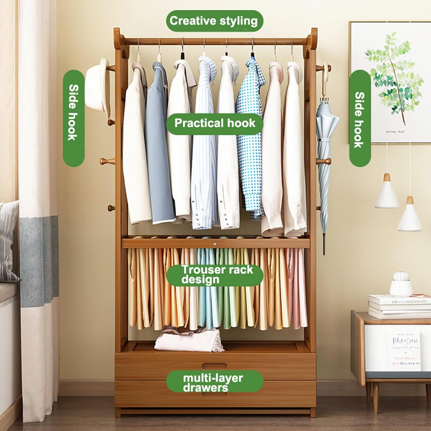 Clothing Racks for Hanging Clothes Bamboo Garment Rack Open Wardrobe Coat Stand Multi-Functional Clothing Clothes Rails for Entryway Living Room,52cm