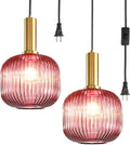7.9' Pink Glass Plug in Hanging Lights Gold 2 Pack Pendant Light Black 14.75Ft Plug in Cord Striped Shade Modern Chandelier for Kitchen Dining Room Living Room Bedroom