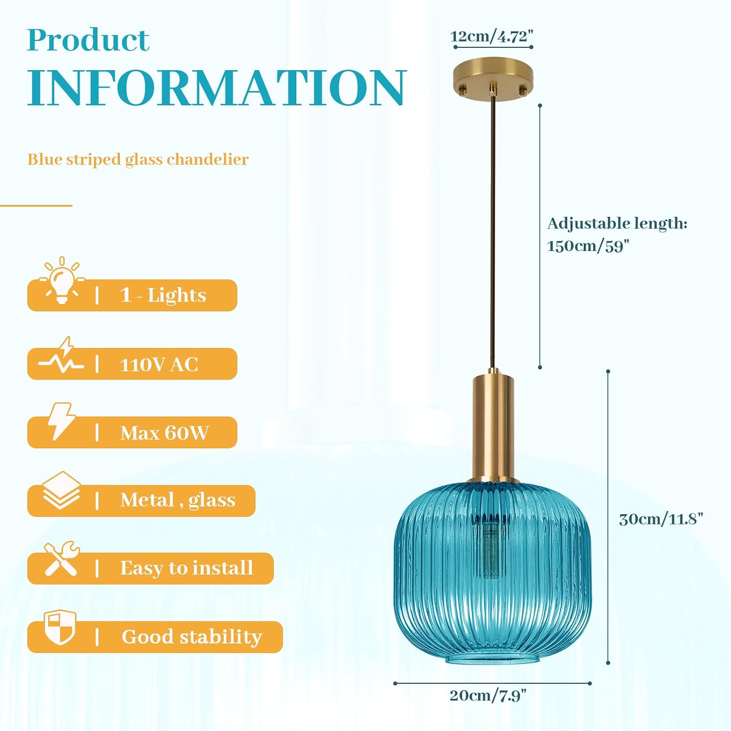 Modern Blue Pendant Light, Glass Hanging Light with Gold Finished, Mid Century Kitchen Lighting Fixture Ceiling Hanging, Coastal Pendant Lighting for Dining Room Kitchen Island