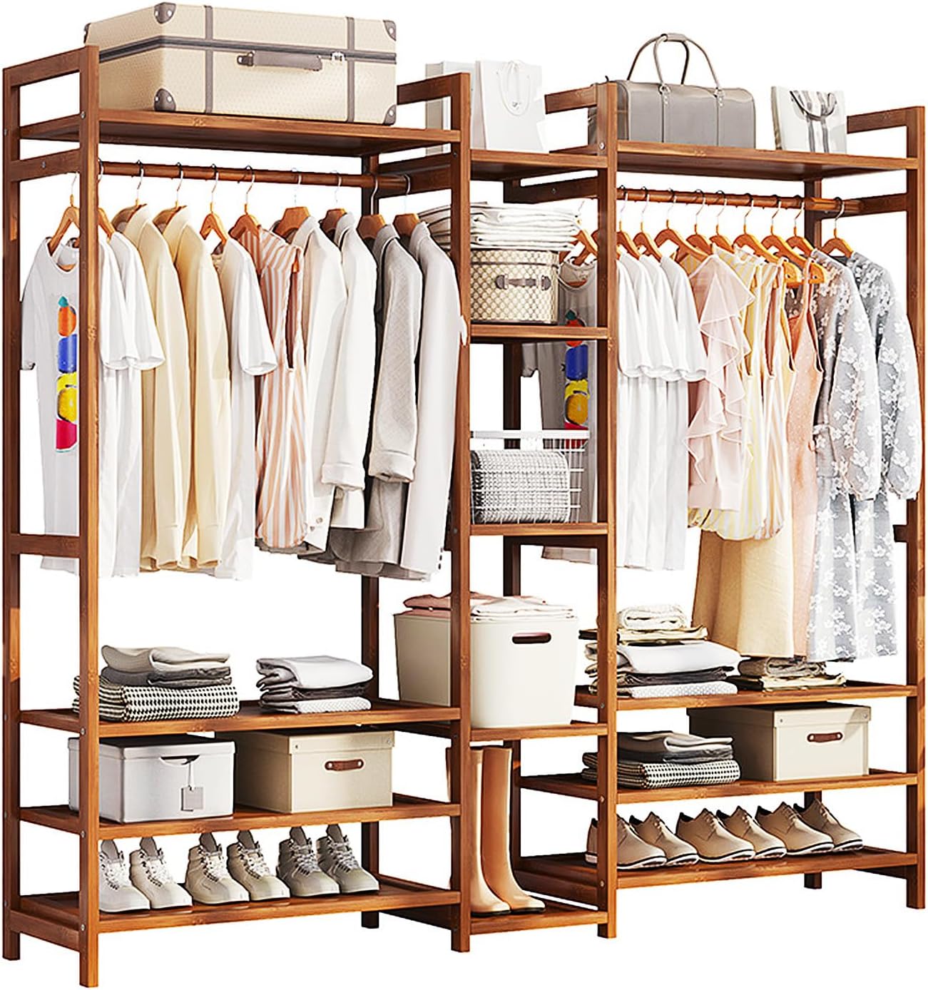 Heavy Duty Clothing Rack Bamboo Garment Rack for Hanging Clothes, Freestanding Clothes Racks with Storage Shelves, Portable Wardrobe Closet Organizer for Entryway and Bedroom, Brown,170cm