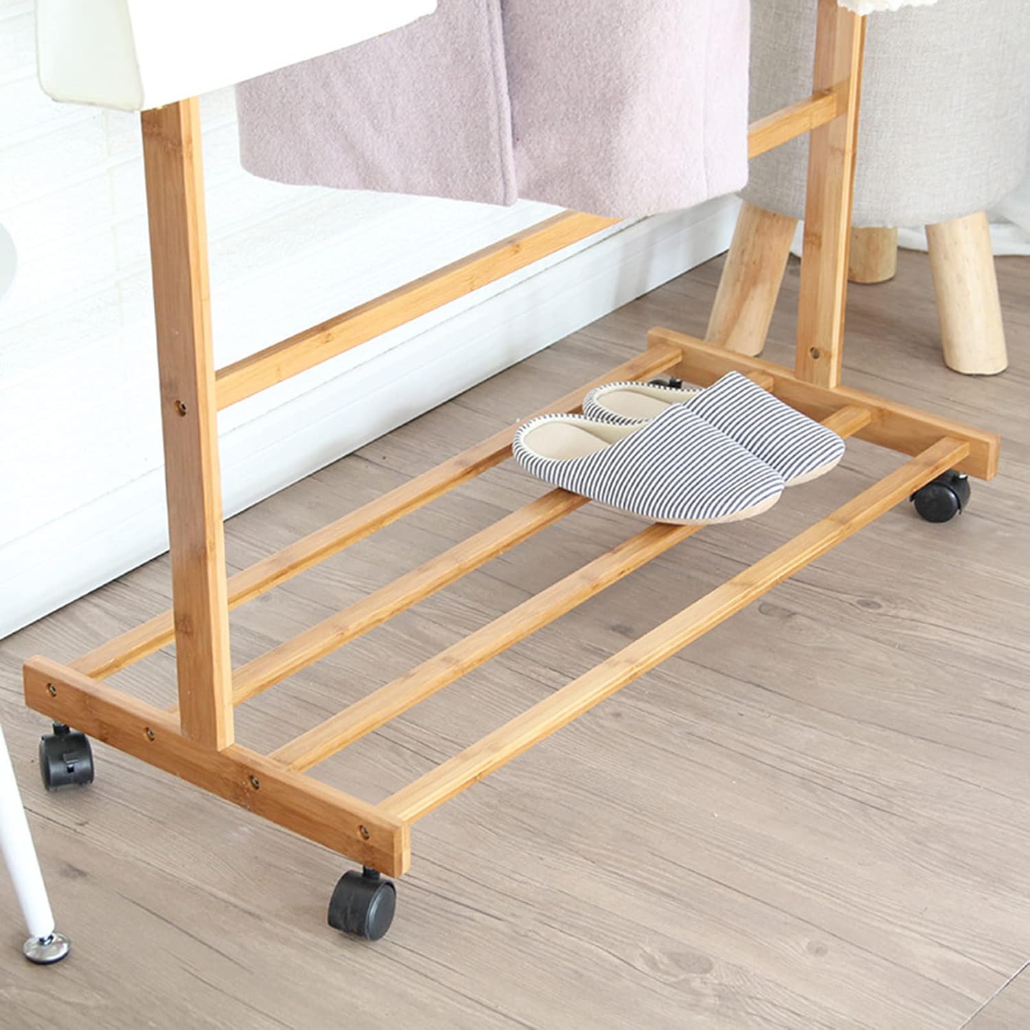 Bamboo Garment Rack, Laundry Clothes Drying Rack, Coat Clothes Hanging Heavy Duty Racks with Top Shelf and Shoe Clothing Storage Organizer Shelves for Bedroom (80cm)