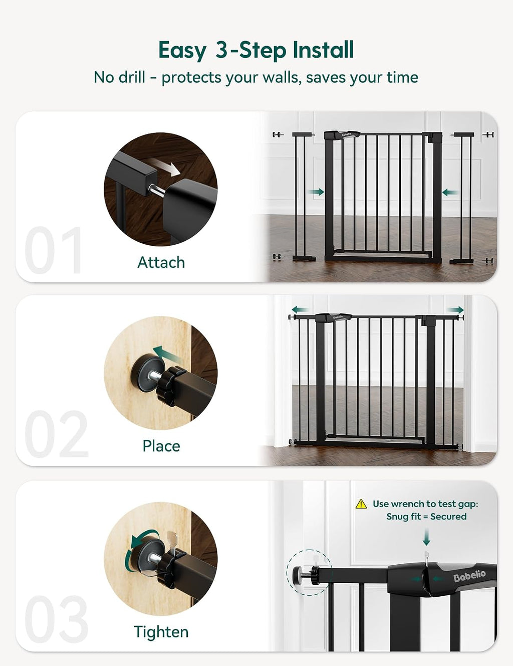 Babelio 36' Tall Baby Gate, PressGuard P7, 29-55' Auto Close Pressure Mounted Dog Gate for Doorways & Hallway, Basics Easy Walk Thru Pet Gate, Extra Wide Metal Child Gate, Black