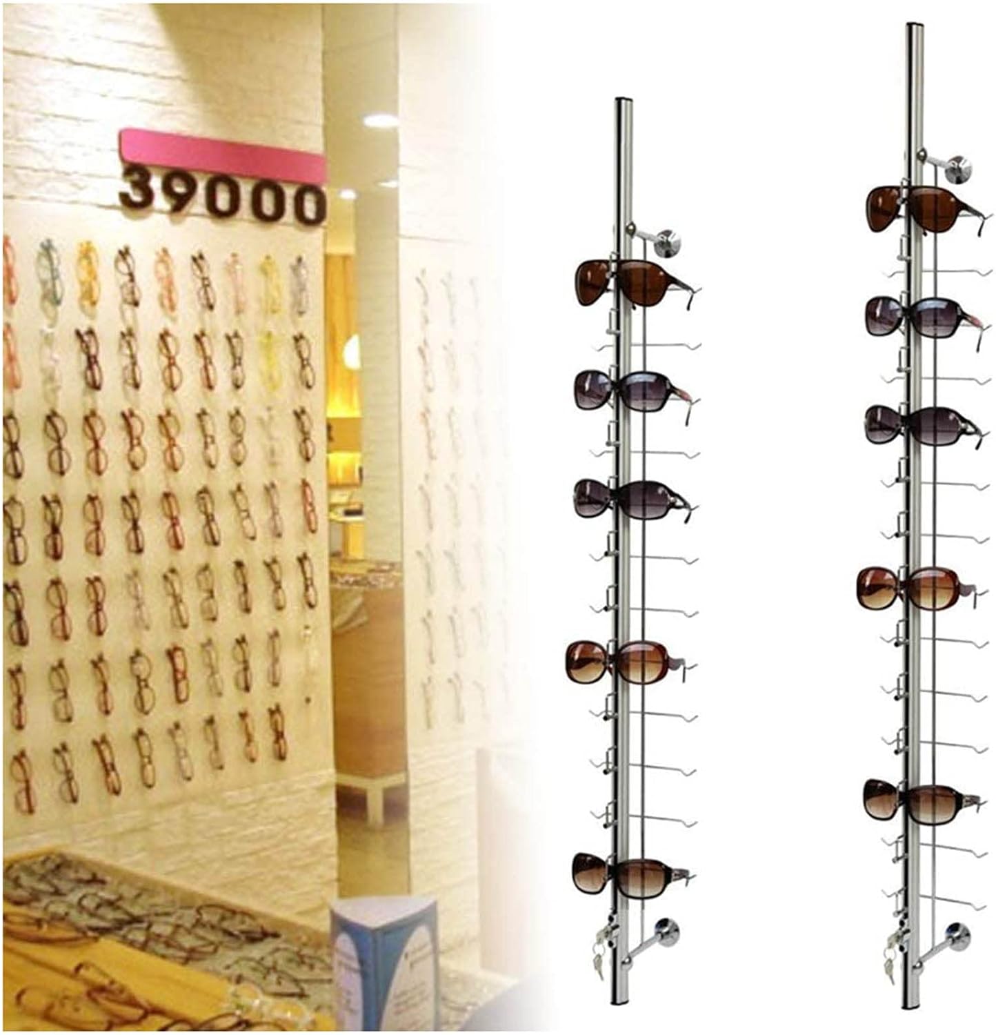 10Pcs Aluminum Sunglass Holder with Lock Wall-Mounted Sunglasses Rack Organizer Storage Eyewear Glasses Display Stand Eyeglass Decorative Display Rod,Hold 16 Frames
