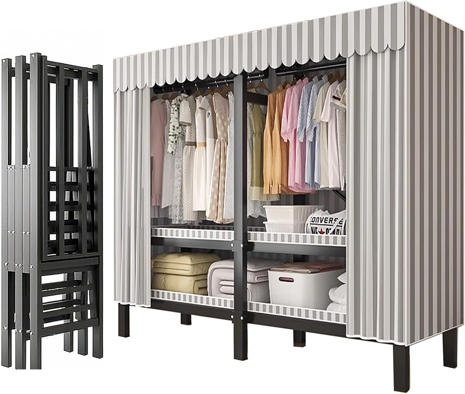 Portable Wardrobe Closet, Foldable Clothes Rack with Cover, Multi-Functional Folding Armoire, Garment Rack for Hanging Clothes(B,59 * 20.5 * 70IN(L*W*H))