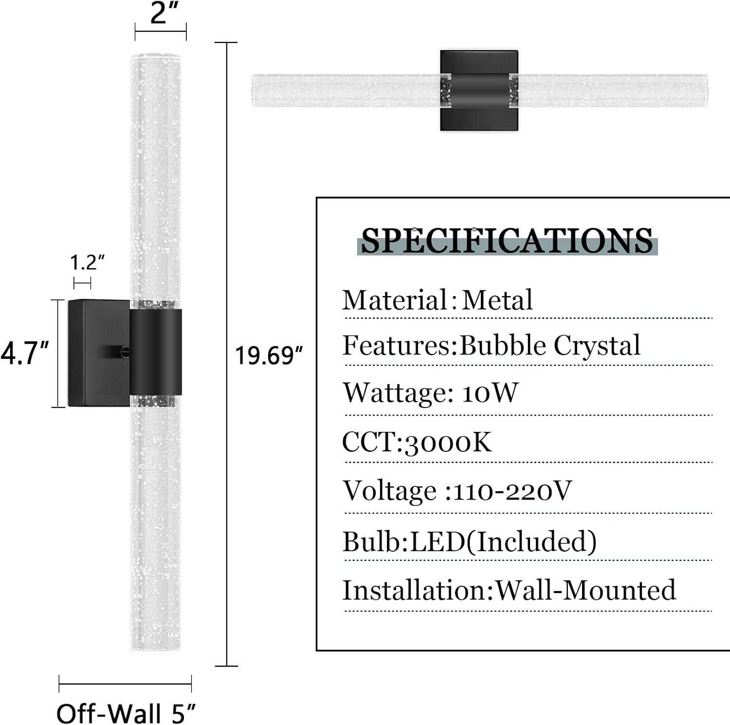 Black LED Wall Sconces Set of 2 with LED Warm Light Interior Glam Crystal Wall Light, Hardwired