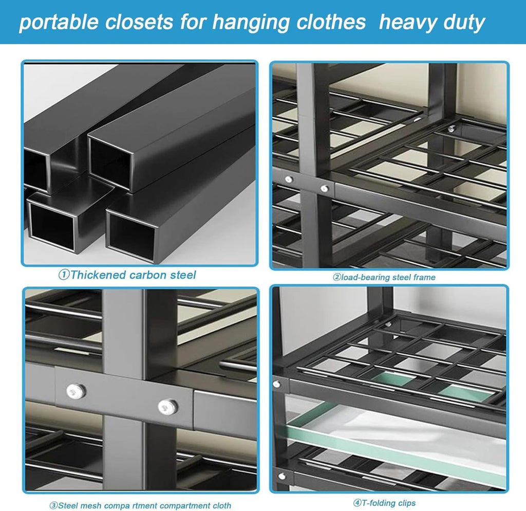 Portable Foldable Wardrobe Closet for Hanging Clothes Storage Garment Rack with Cover and 8 Wheels-70.8in High Heavy-Duty Freestanding Closet System with 3 Hanging Rods Load 1600lb(74.8in/190cm)