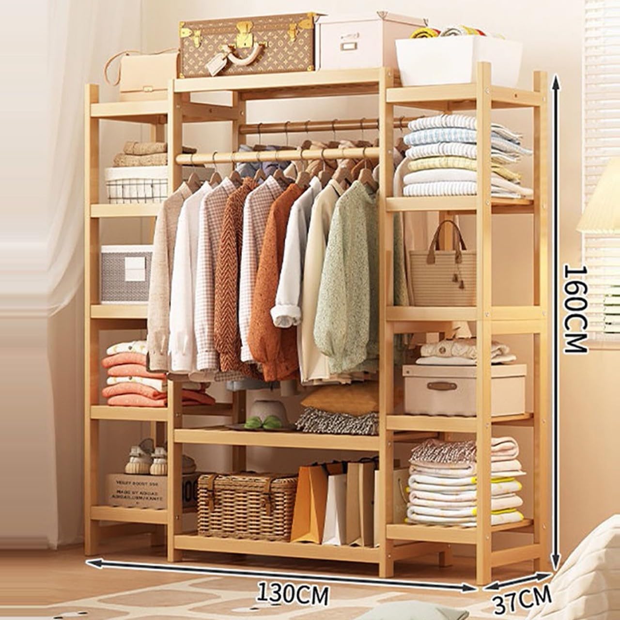 Portable Bamboo Clothes Rail with Extra Large Garment Rack 2 Hanging Rods and 11 Storage Shelves 160CM Height Ideal for Hallway Entryway Bedroom Wood Color Options Available in 110/120/130/1