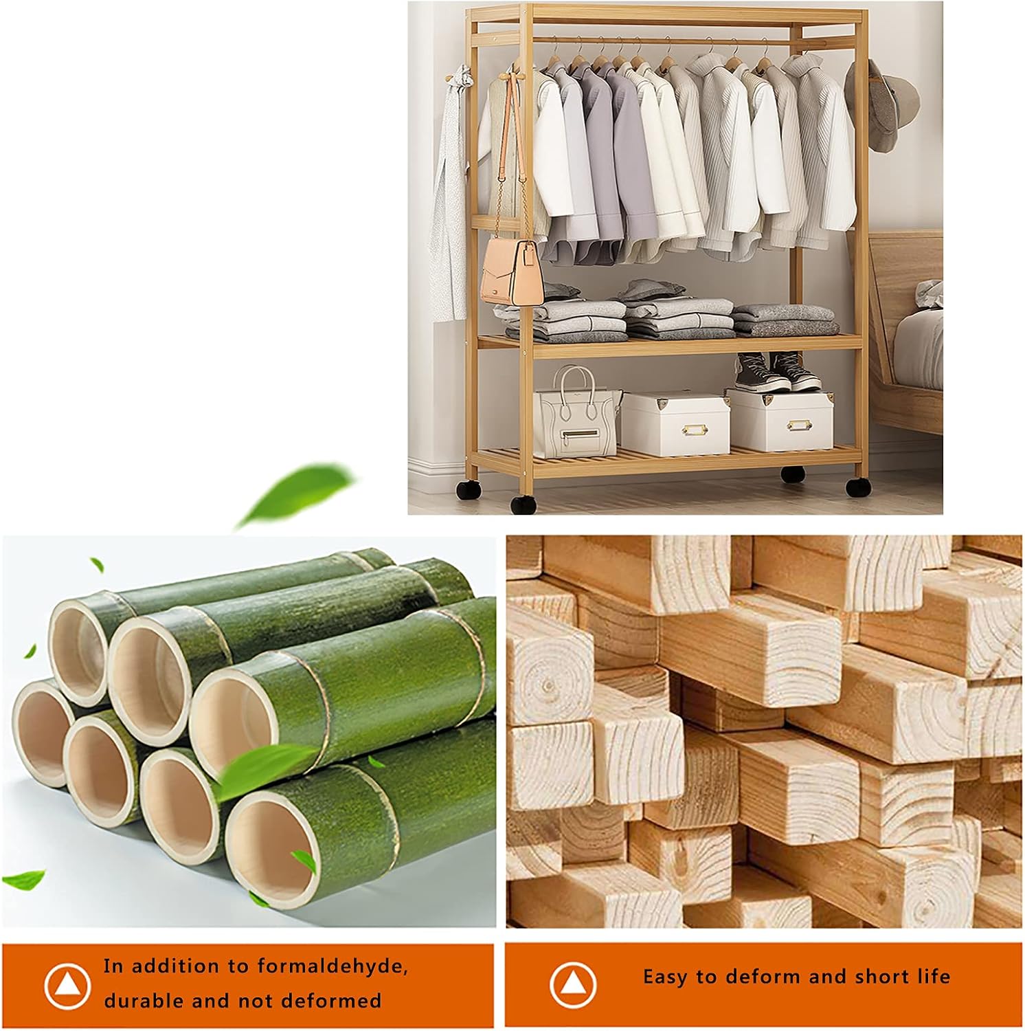 Bamboo Garment Coat Clothes Hanging Heavy Duty Rack with top Shelf and Shoe Clothing Storage Organizer Shelves,with Wheels, for Home Bedroom Entryway