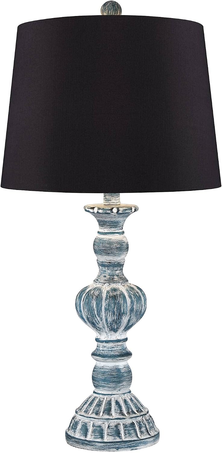 Regency Hill Tanya Country Cottage Traditional Style Table Lamps 26.5' High Set of 2 Blue Wash Resin Black Faux Silk Drum Shade Decor for Living Room Bedroom House Bedside Nightstand Home