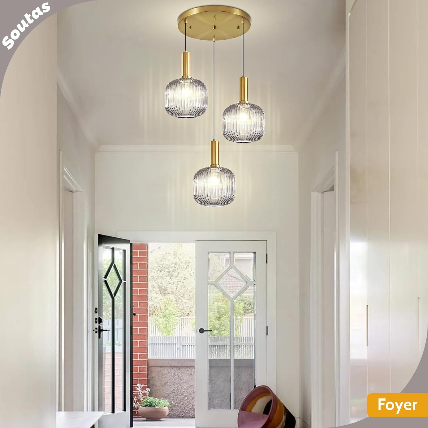 Gold 3-Light Pendant Light Fixture, Modern Smoke Gray Glass Cluster Pendant Lights Kitchen Island, Multi Light Pendant Chandelier Adjustable Hanging Lights for Dining Room Stairs Foyer