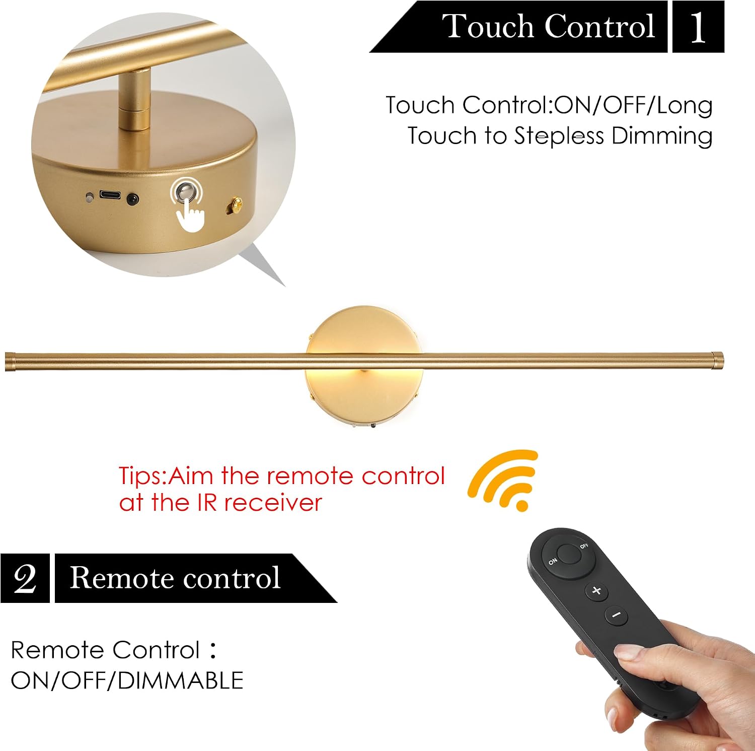 KARTOOSH Battery Operated Wall Sconces, Dimmable Wall Sconces Set of Two, 350°Rotate, 3000K LED Gold Wireless Wall Light for Living Room, Bedroom, Hallway, 32.2 Inch (2 Pack)