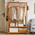 Bamboo Garment Rack Clothes Shelf Shoes Storage with Hooks Brown Wood Finish Includes Hardware