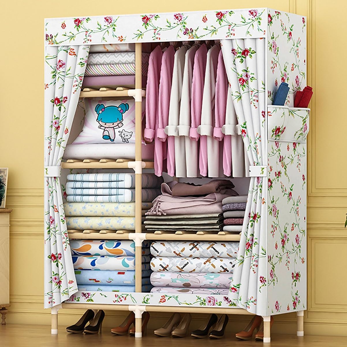 Bamboo Garment Rack With 6 Storage Shelves And Rod For Hanging Clothes Freestanding Wardrobe Closet For Bedroom And Living Room (Color : White B, Size : 100x45x170cm)