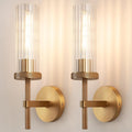 15' Knurled Brass Wall Sconces Set of 2, Gold Bathroom Vanity Light Fixtures with Vertical Striped Glass Tube, Modern Lamp Lighting for Bedroom, Living Room, Hallway, Staircase, Mirror, Kitchen