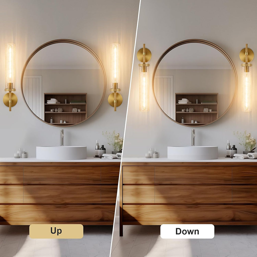 19.5' Knurled Brass Wall Sconce with Crackle Glass Tube, Gold Bathroom Vanity Light Fixtures, Modern Lamp Lighting for Bedroom, Living Room, Hallway, Staircase, Mirror, Kitchen