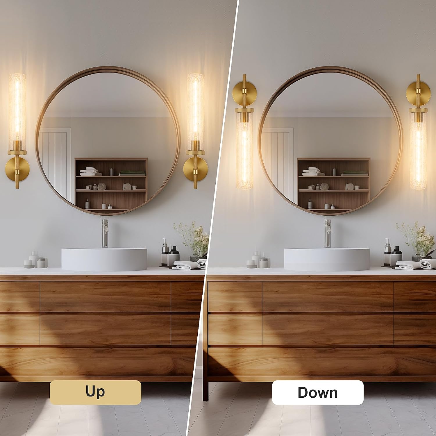 19.5' Knurled Brass Wall Sconce with Crackle Glass Tube, Gold Bathroom Vanity Light Fixtures, Modern Lamp Lighting for Bedroom, Living Room, Hallway, Staircase, Mirror, Kitchen