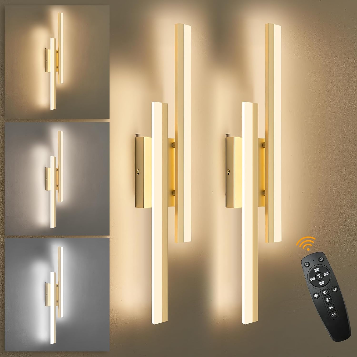 LED Wall Sconce Set of 2 Gold Remote Modern LED Vanity Lights Set of 2 Indoor Wall Light Fixtures for Living Room, Dimmable Wall Sconce for Bedside Bedroom Bathroom, L23.6inch 2 Pack