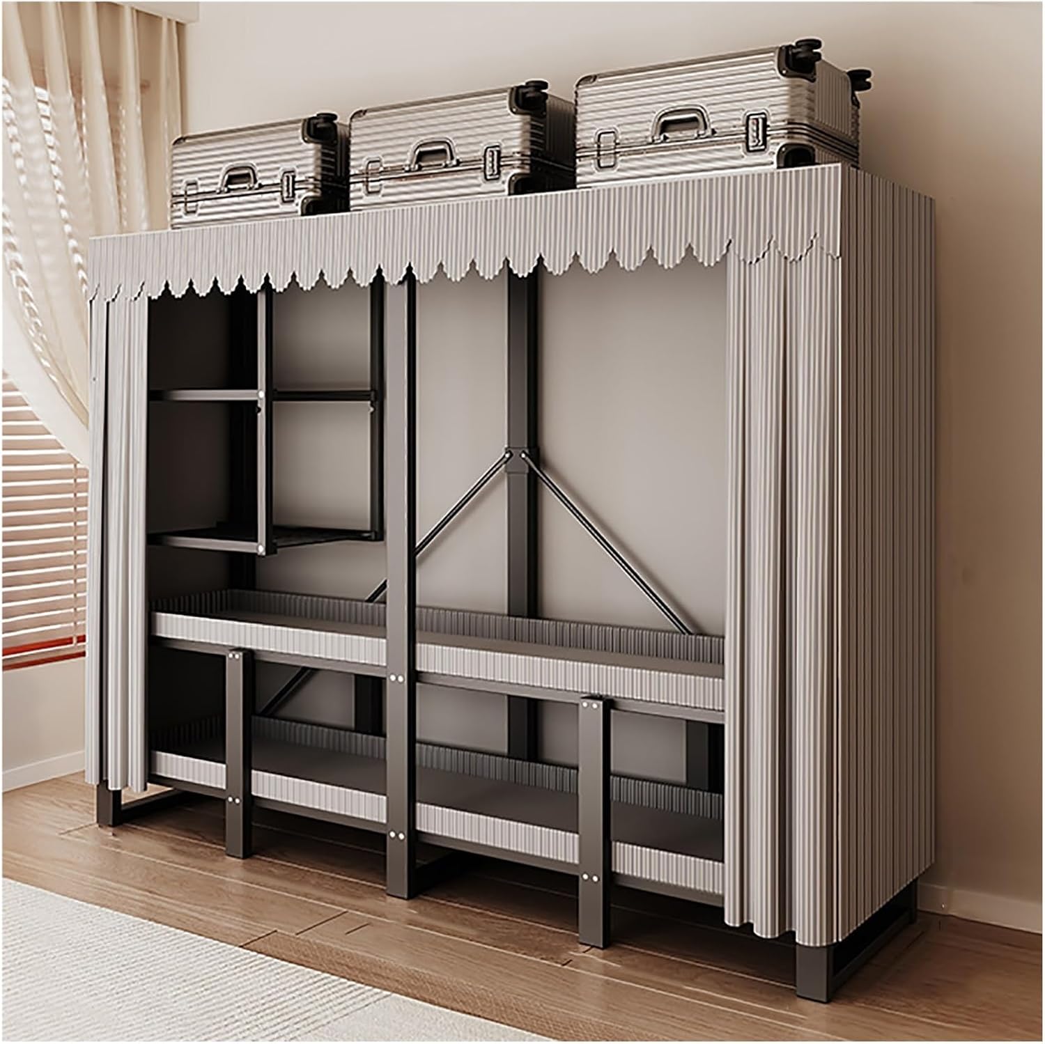 Heavy-Duty Portable Wardrobe Closet, Foldable Clothe Rack With Cover, Garment Rack For Hanging Clothes, Clothing Organizer Coat Storage Rack, For Bedroom(Grey,170cm/66.9inch)