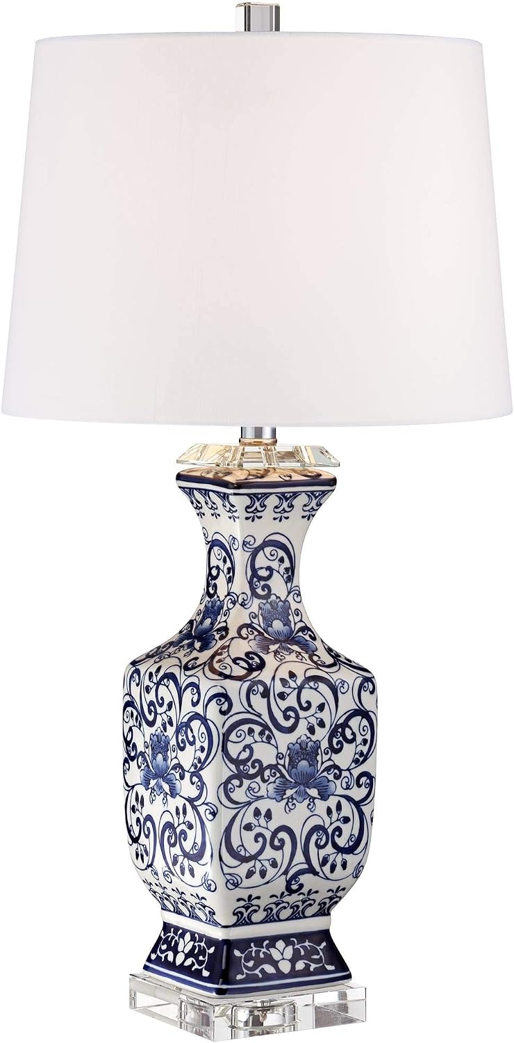 Barnes and Ivy Iris Vintage Asian Chinese Style Table Lamp 28' Tall Porcelain Blue Floral Jar Geneva White Drum Shade Cottage Core Decor for Living Room Bedroom House Bedside Nightstand Home Office