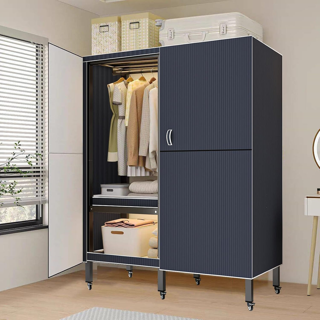 Foldable Portable Wardrobe On Wheels, Freestanding Garment Rack, with Magnetic Door 2000lbs, Heavy Duty Clothes Rack, for Bedroom Closet Systems (Gray Blue, 100CM/39IN)