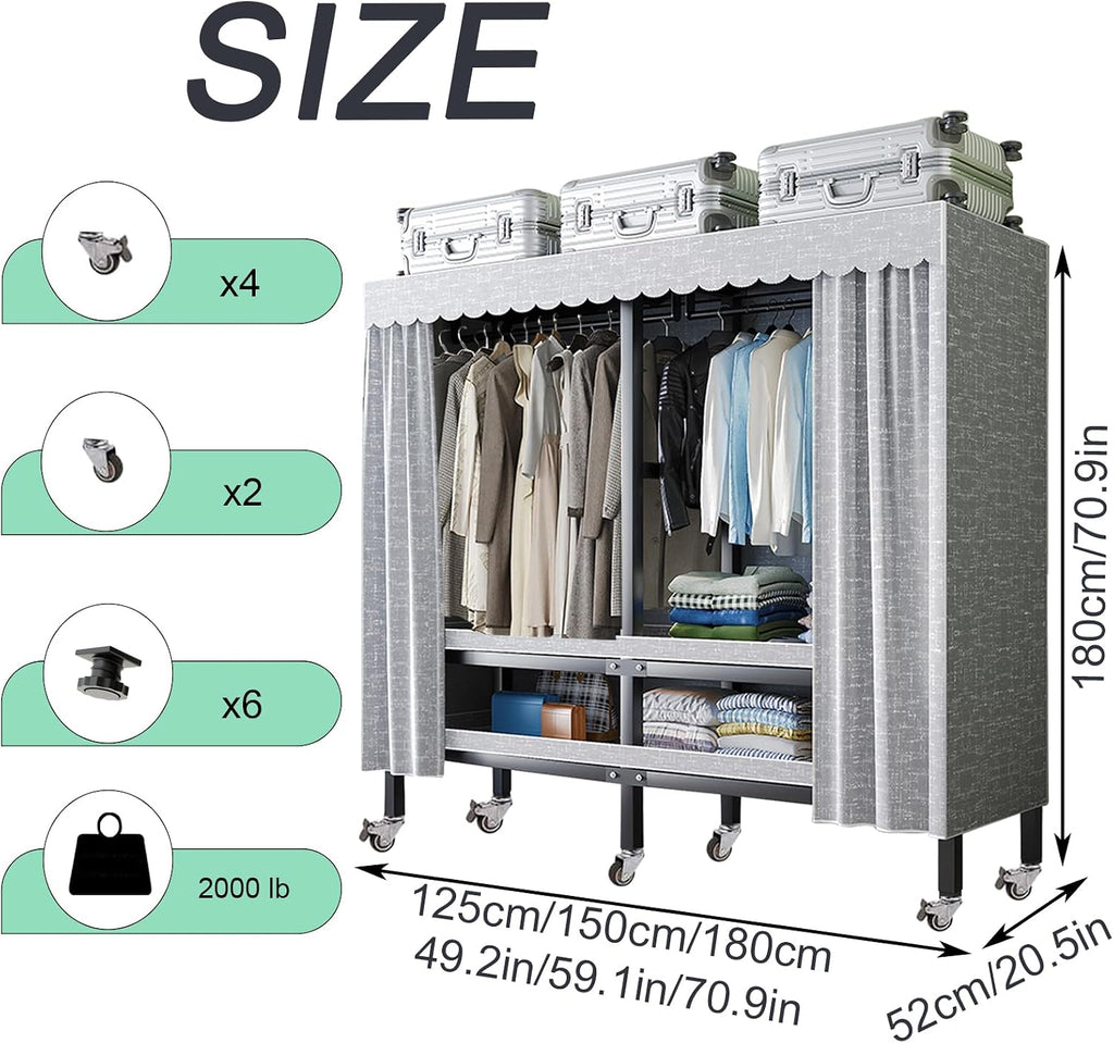 Heavy Duty Rolling Covered Metal Garment Rack with Lockable Wheels and Door, Load 2000lbs, Portable Closets for Hanging Clothes, Large Capacity 360°Enclosed Clothing Racks (125cm/49.2in)