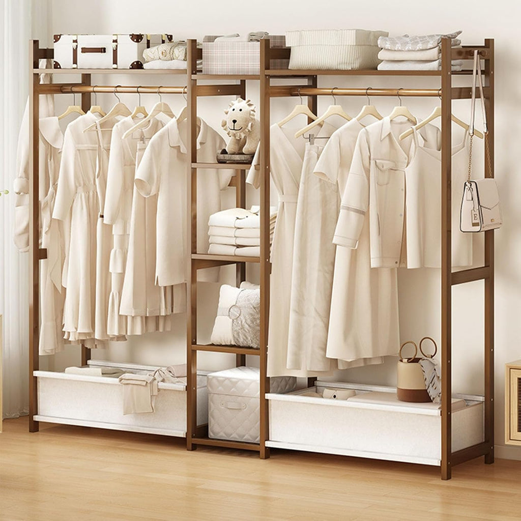 Bamboo Garment Rack, Free Standing Clothes Coat Hanger Rolling Closet Organizer with Shoe Rack Wardrobe Storage Shelves for Hall Living Room Bedroom Office, Walnut