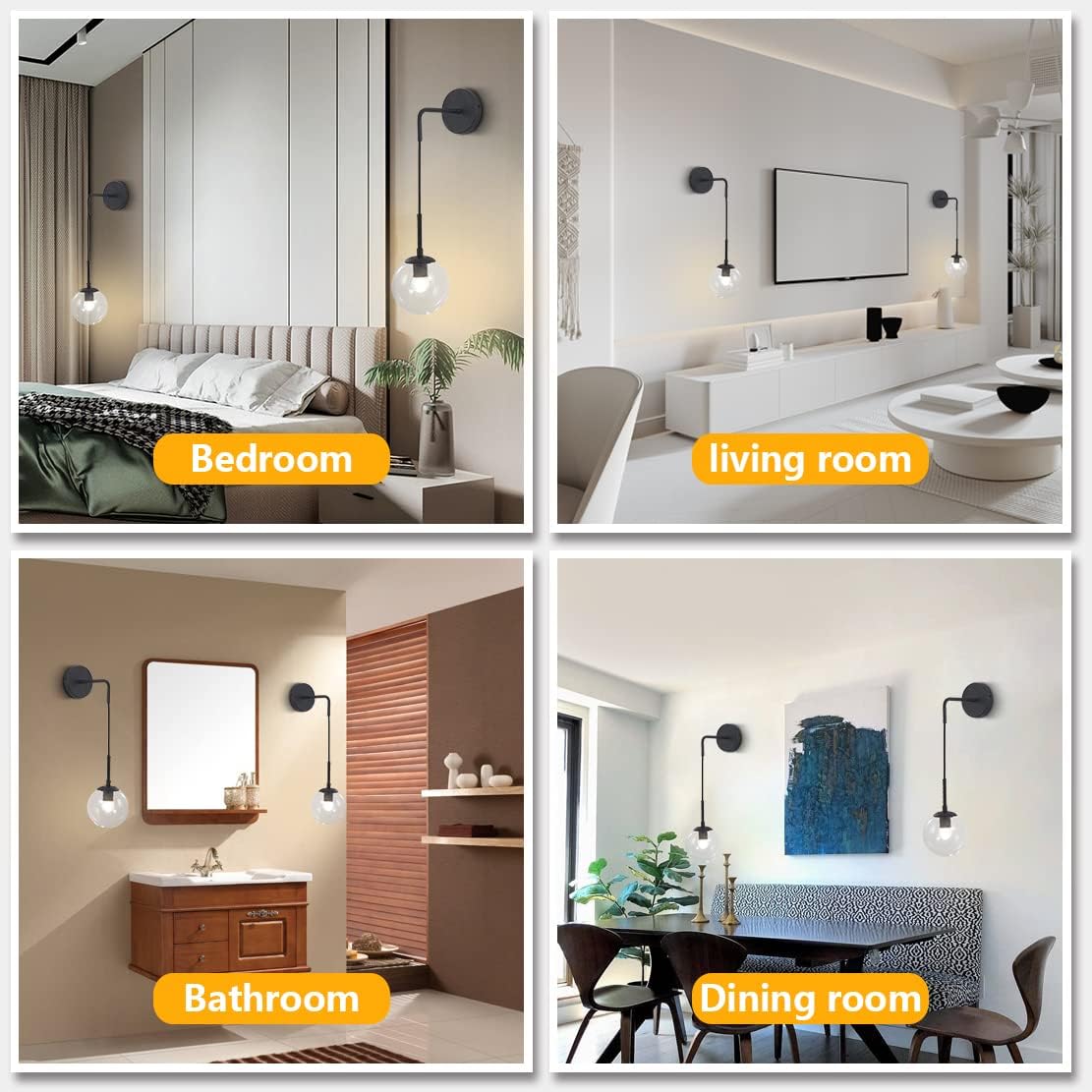 BOKT Mid Century Modern Black Wall Sconce Light Set of Two Clear Glass Globe Ball Wall Lighting Set of 2 Minimalist Adjustable Bedside Wall Lamp 1-Light Vanity Bathroom Wall Light Fixture (Clear)