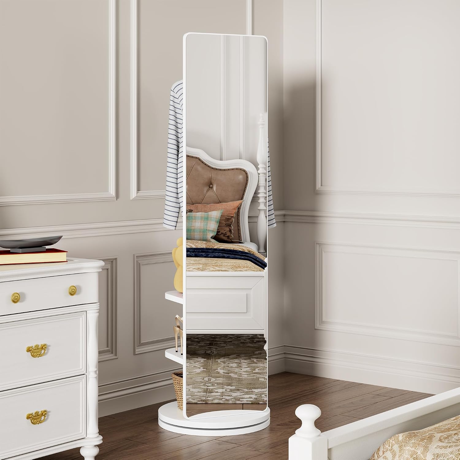 CHANCEE 360° Rotating Mirror Coat Rack, Solid Wood Standing Mirror with Storage Hooks and Shelves, Space-Saving Multifunctional Organizer for Bedroom, Living Room, or Cloakroom (White)