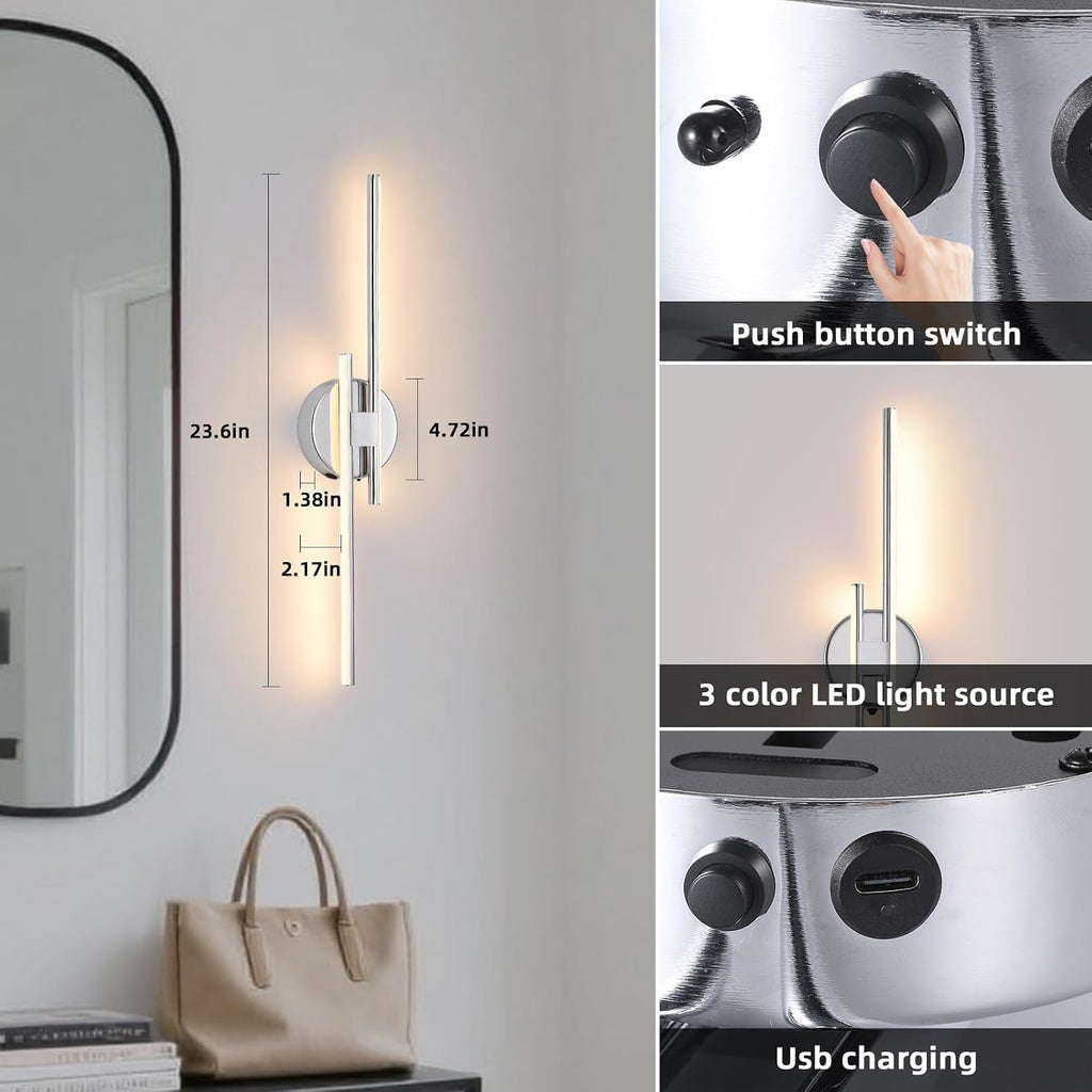 Rechargeable Battery Operated Wall Sconce Set Of Two, Chrome Wireless LED Wall Sconces With Remote Control, Dimmable 3 Colors Cordless wall lights for Living Room, bedroom, Hallway, 23.6 Inch ( 2pcs)
