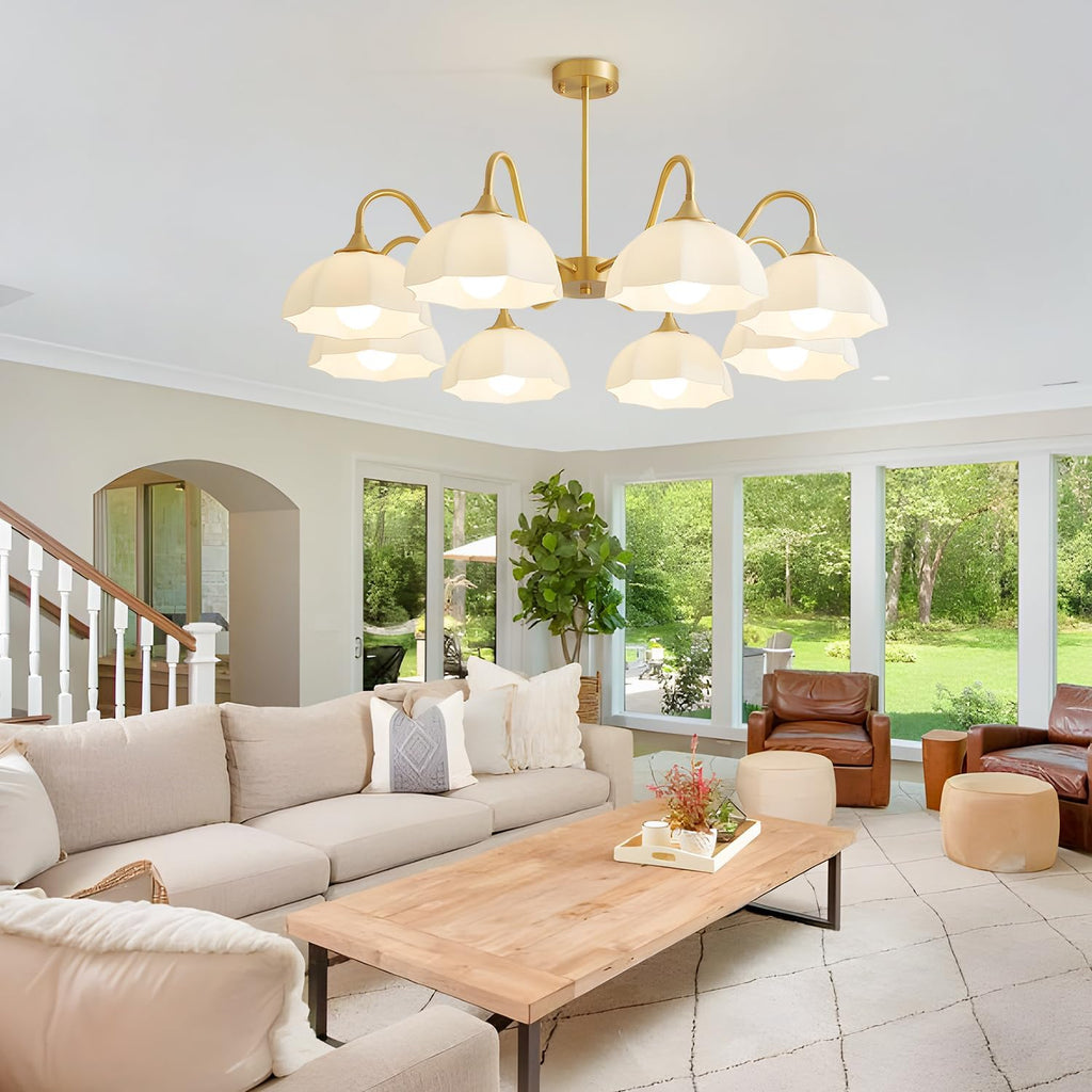 8 Lights Gold Sputnik Chandelier Light Fixture Large Mid Century Large Milk Glass Sputnik Pendant Lights Kitchen Island Modern Farmhouse Semi Flush Mount Chandelier Hanging Lamp MPL13-8 GD