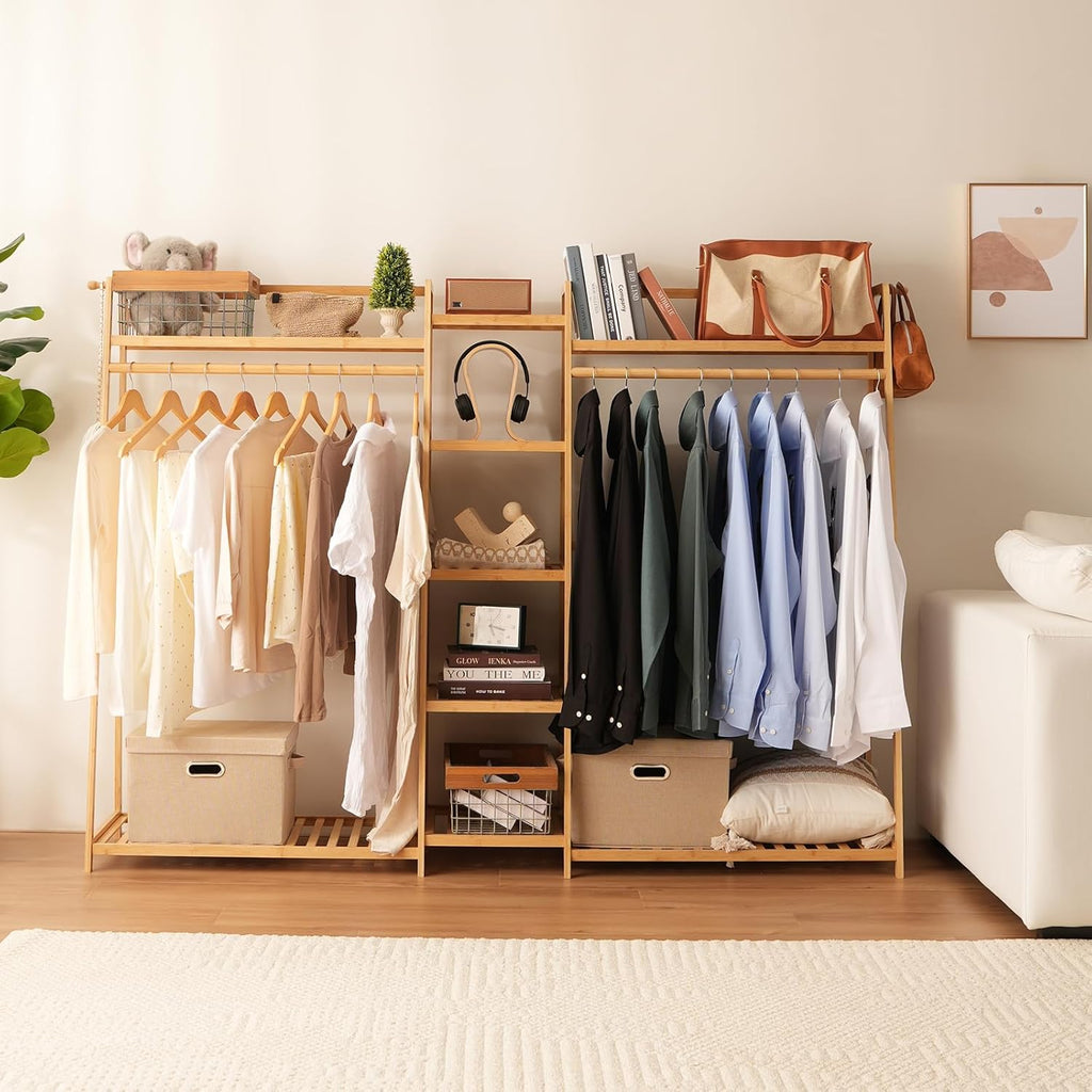 Baveke Bamboo Garment Rack 9 Tier Storage Shelf Coat Clothes Hanging Rack, Portable Wardrobe Closet Organizer With Top Shelf, Shoe Storage Shelves for Bedroom, Natural, FSC-Certified Bamboo