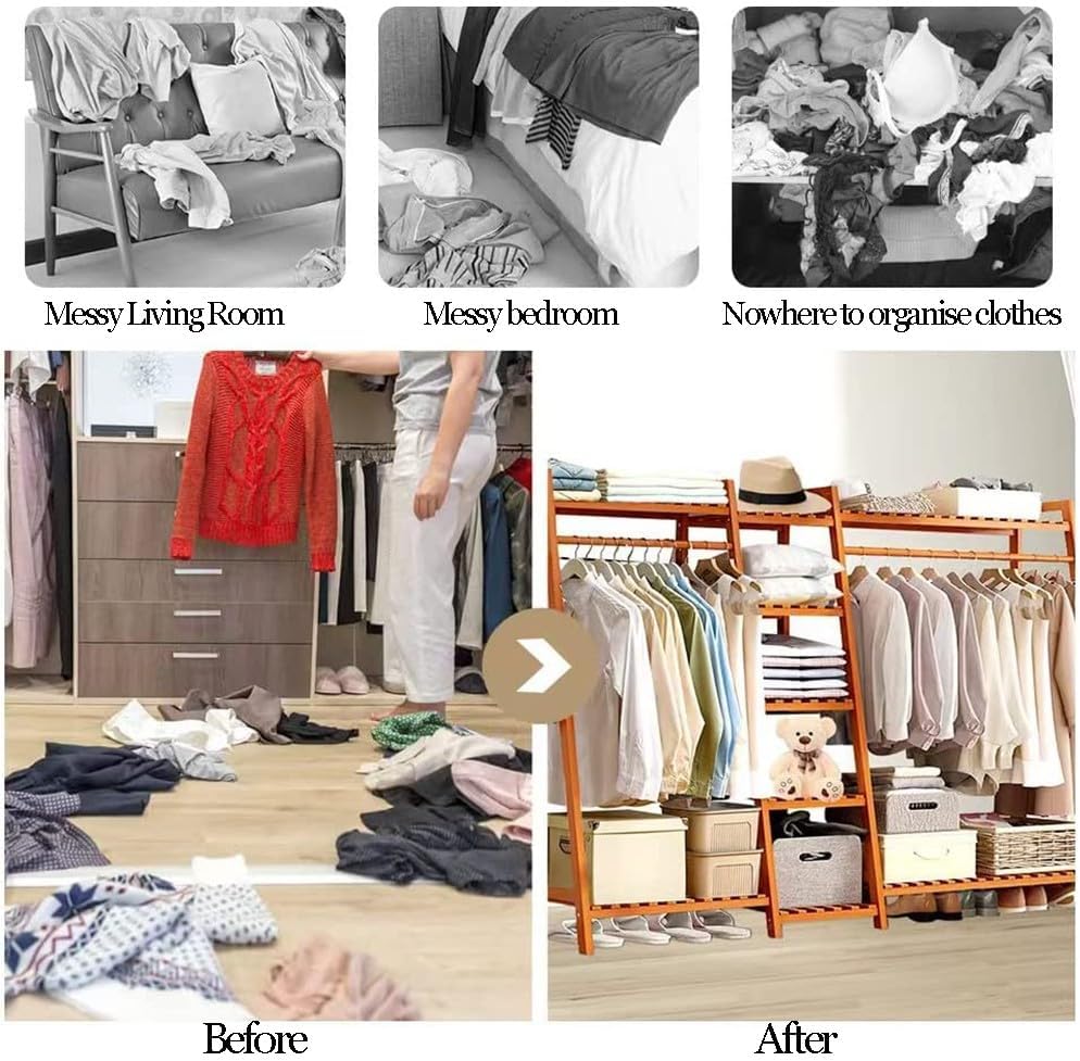 Bamboo Freestanding Clothes Rack with Top Shelf Hanging Rod and Shoe Rack Open Wardrobe Closet Storage nizer for Bedroom and Hallway
