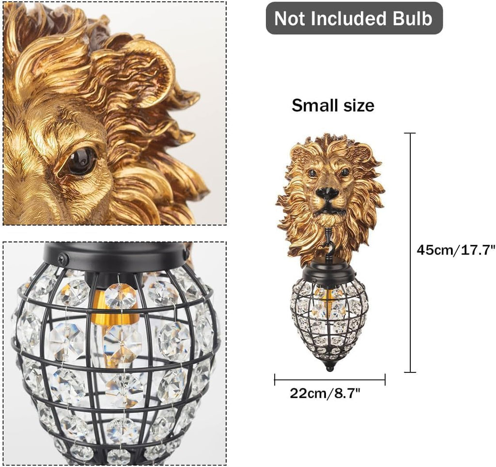 2 Pack Gold Hallway Wall Sconce Light Crystal Glass Wall Mount Light 1-Light Black Metal Cage with Resin Lion Head Design, Vintage Farmhouse Wall Light for Living Room Bedroom