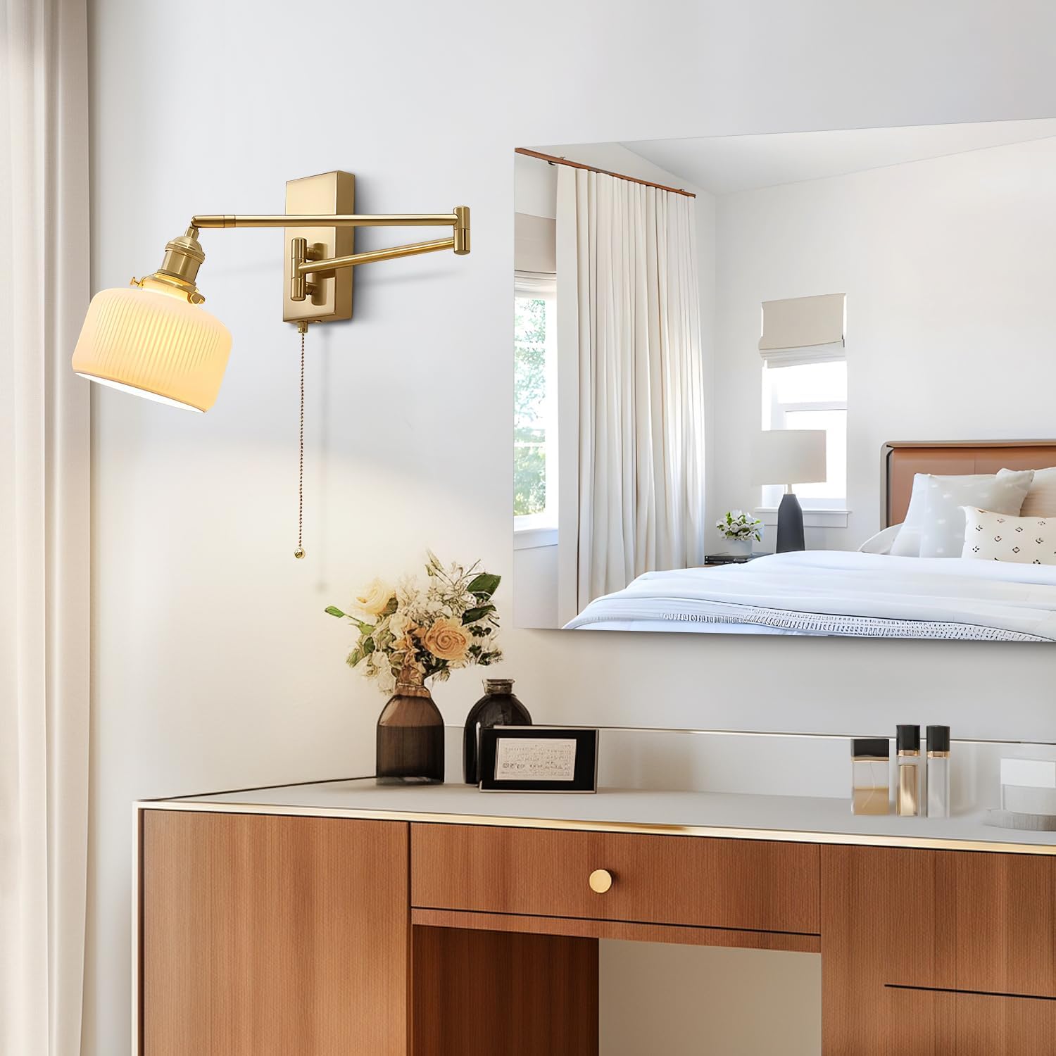 Gold Wall Sconces Set of 2 Modern Brass Swing Arm Wall Lamp with Pull Chain Milk GlassLight Fixture for Bedroom Living Room Hallway MWL14B-2