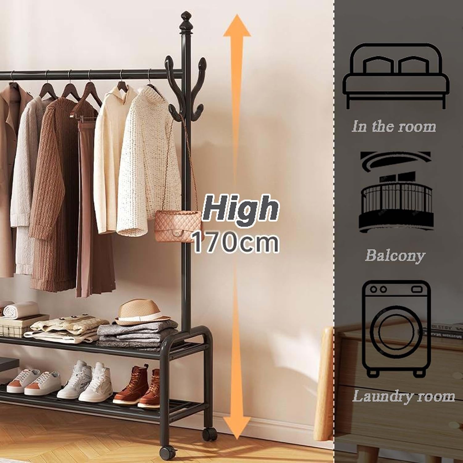 YSUEFIJO Clothing Garment Rack On Wheels, Garment Racks for Hanging Clothes, Multi-Functional Bedroom Clothes Rack, Heavy Duty Clothing Rolling Rack, for Dorm Bedroom Home