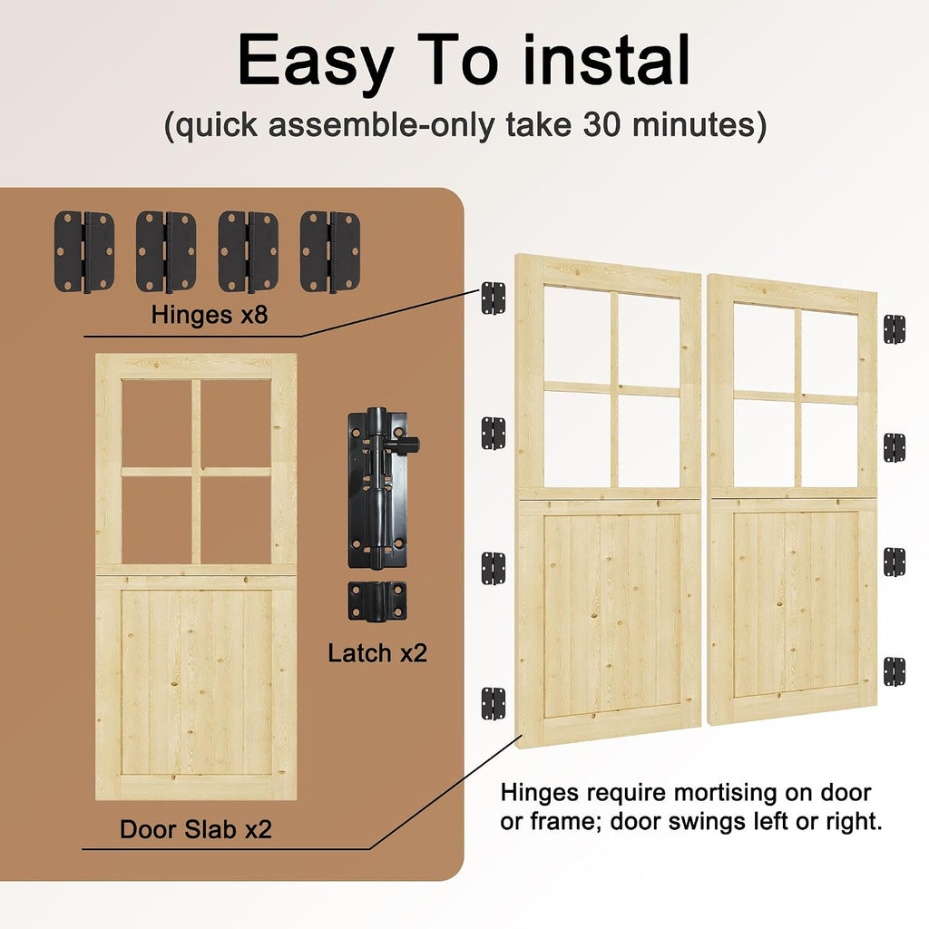 Interior & Exterior Double Dutch Door Slab, 60' x 80', Universal 4 Lite Tempered Clear Glass Split Single Door, Solid Core Home Door, Natural Pine Wood - with 4 Hinges & 1 Latch, Without Jamb