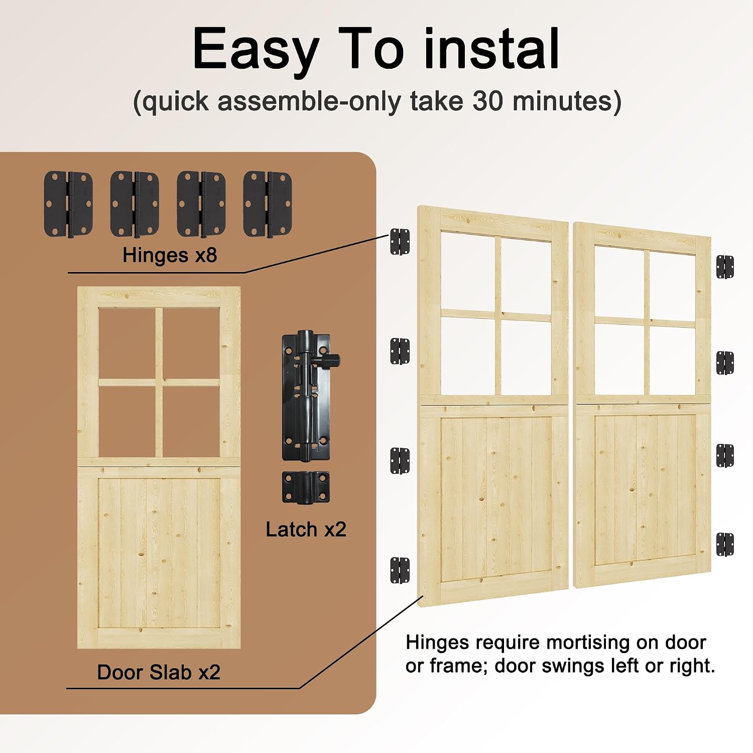 Interior & Exterior Double Dutch Door Slab, 60' x 80', Universal 4 Lite Tempered Clear Glass Split Single Door, Solid Core Home Door, Natural Pine Wood - with 4 Hinges & 1 Latch, Without Jamb