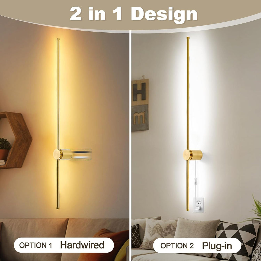 GOODATE Wall Sconces Set of Two with Remote, Stepless Colors 3000K-6500K & Stepless Dimming, Hardwire or Plug-in, 180° Rotate, LED Gold Plug in Wall Sconces with Timer & Night Light, 39.4 Inches