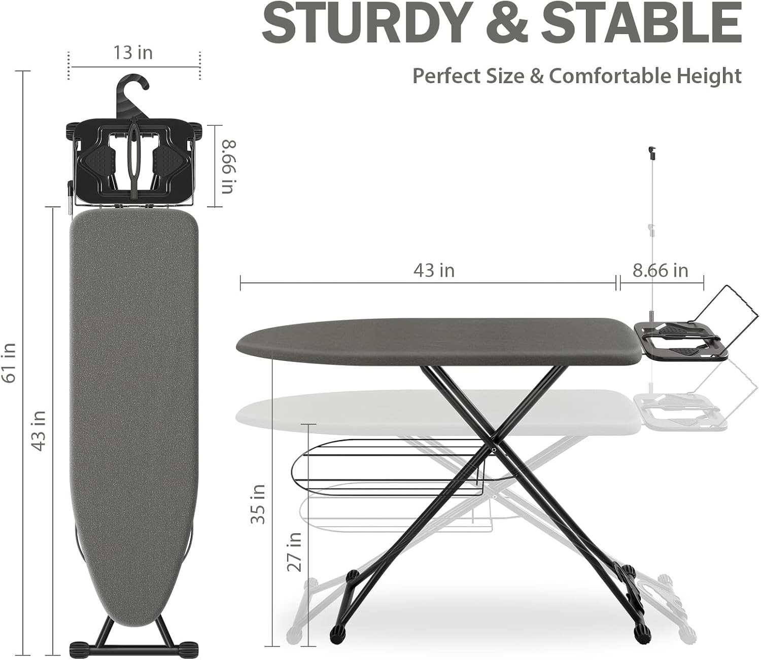 APEXCHASER Ironing Board, Compact Iron Board with Iron Rest and Hanger, Heat-Resistant Cover & 7 Adjustable Heights, Heavy Duty Ironing Board with Garment Rack, 13x43 Black